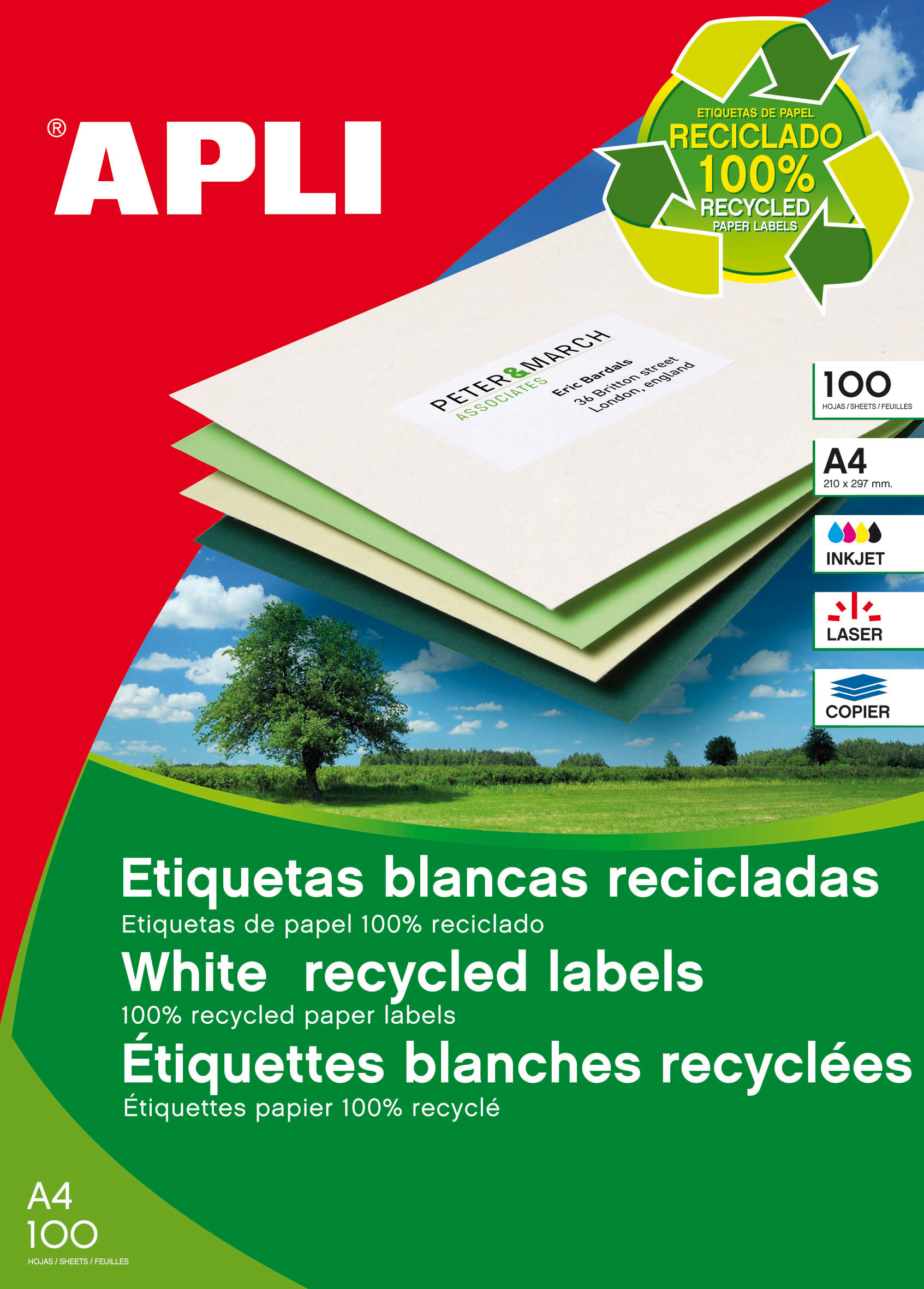 Apli Étiquettes Blanches Permanentes Recyclées 210.0 x 297.0mm 100 Feuilles