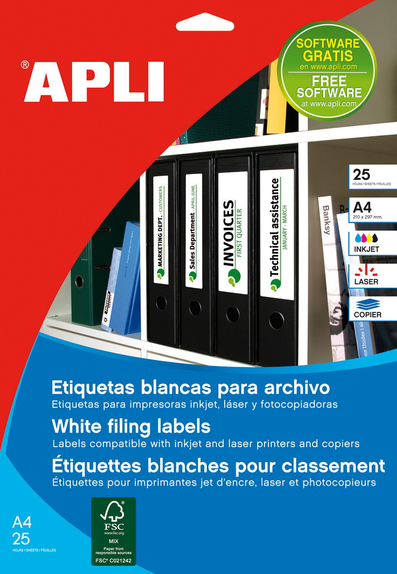 Apli Étiquettes Blanches pour Classeur 190.0 x 38.0mm 25 Feuilles