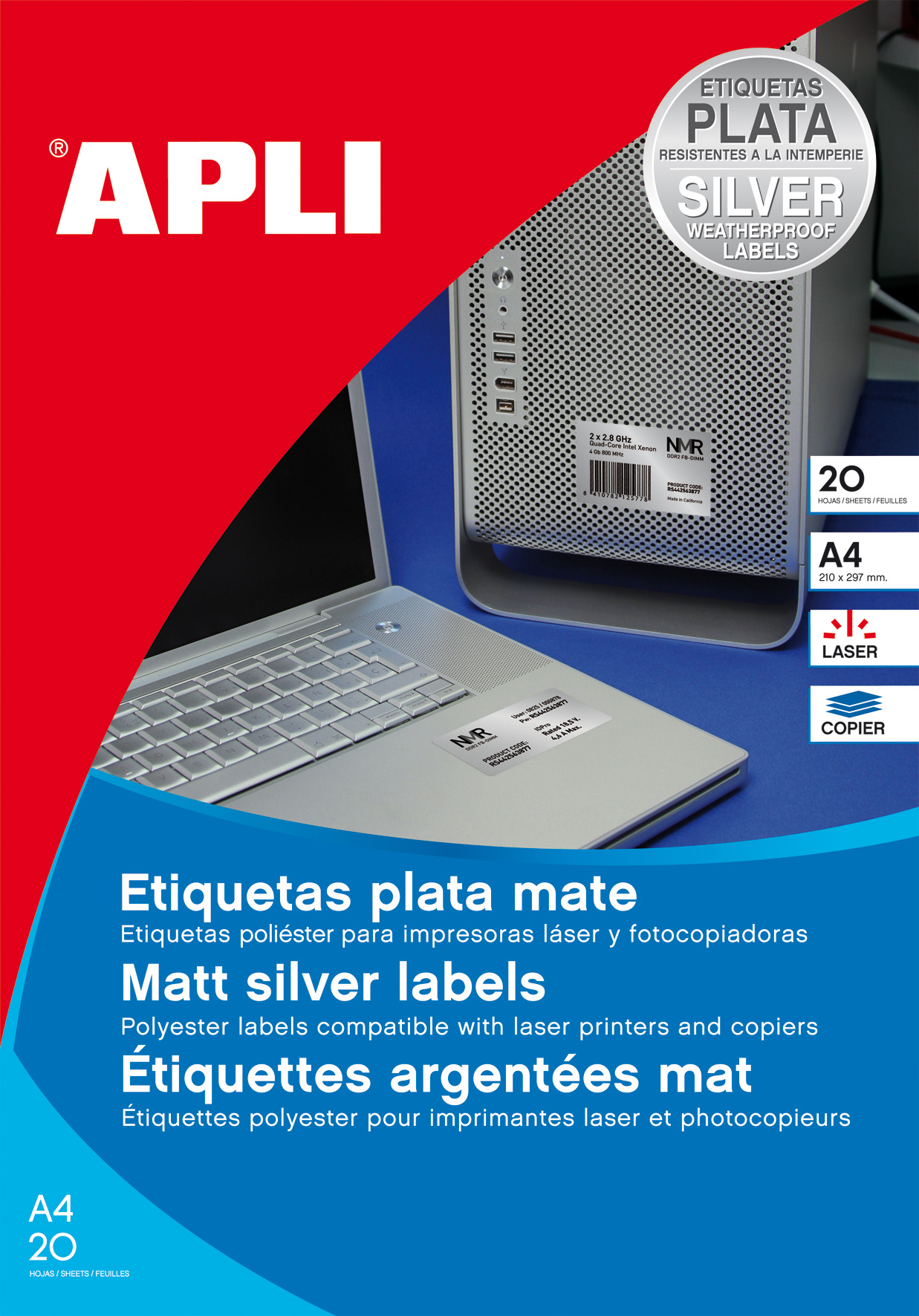 Apli Étiquettes métalliques argentées 63,5 x 29,6 mm 20 feuilles