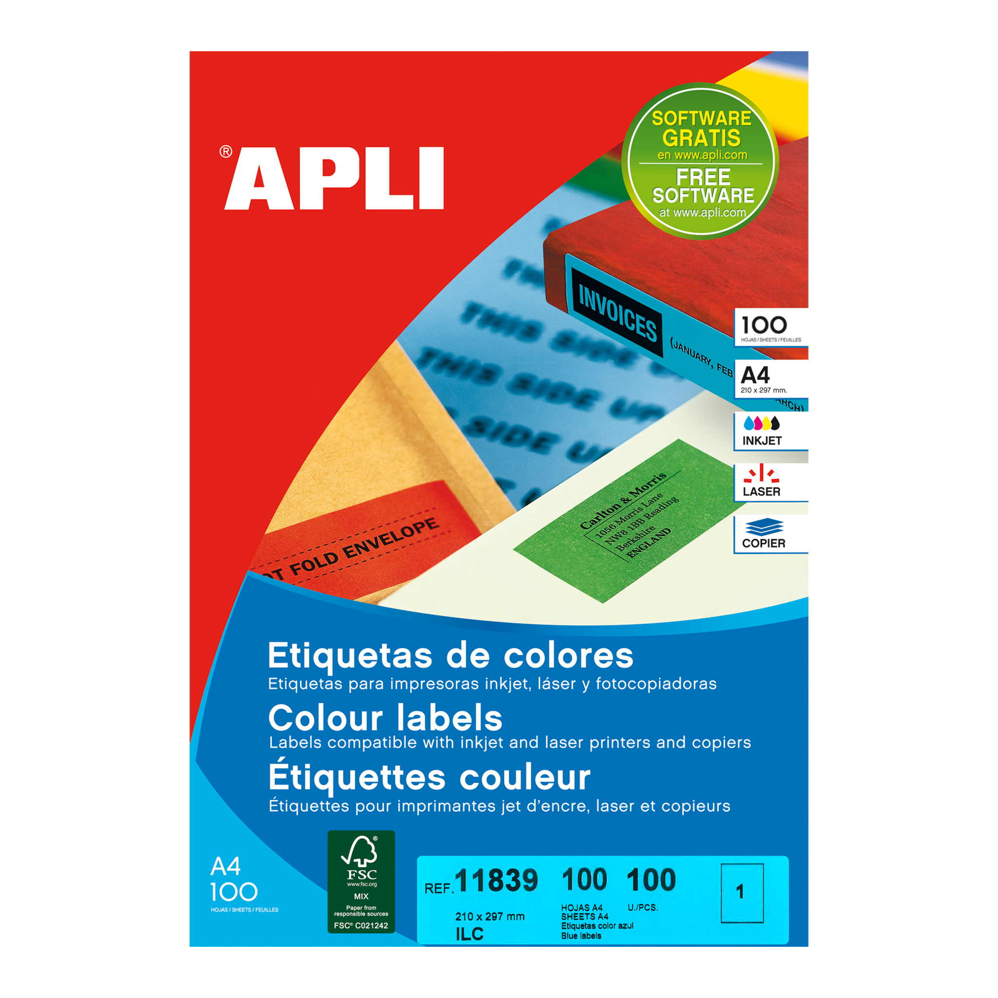 Apli Étiquettes permanentes bleues 210,0 x 297,0 mm 100 feuilles