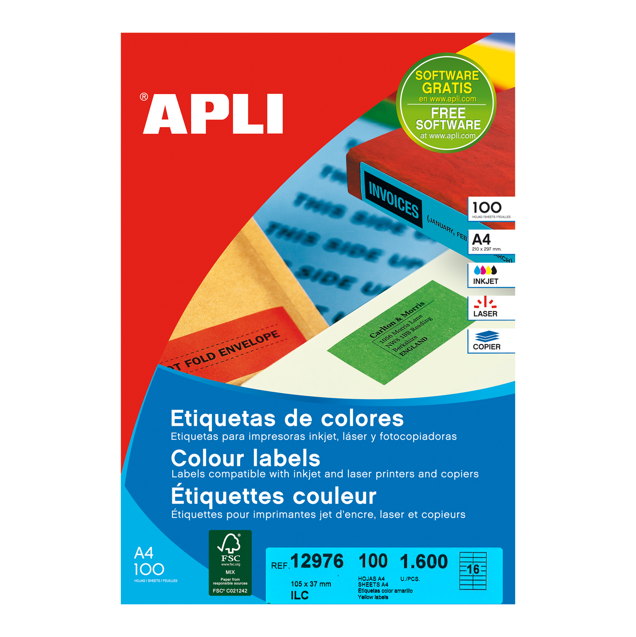 Apli Étiquettes permanentes jaunes 105,0 x 37,0 mm 100 feuilles