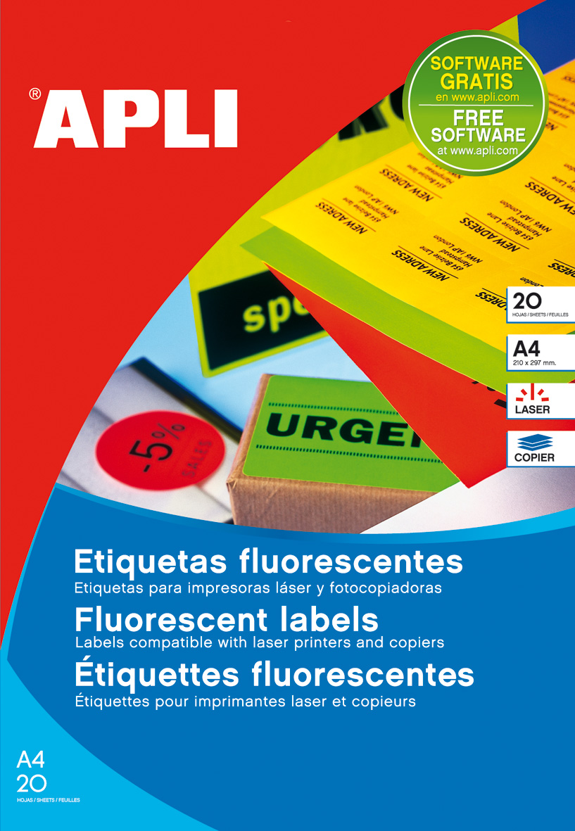 Apli Étiquettes permanentes jaunes fluorescentes 99,1 x 67,7 mm 20 feuilles