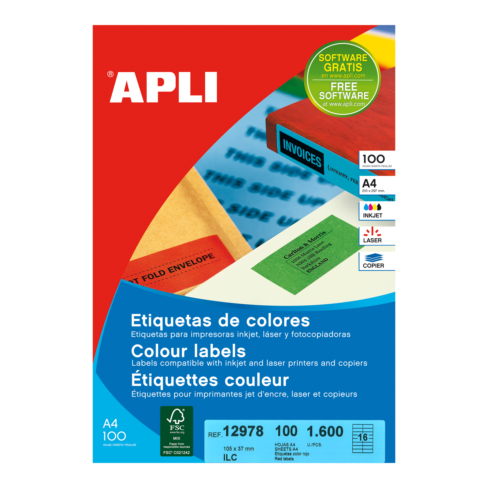 Apli Étiquettes permanentes rouges 105,0 x 37,0 mm 100 feuilles