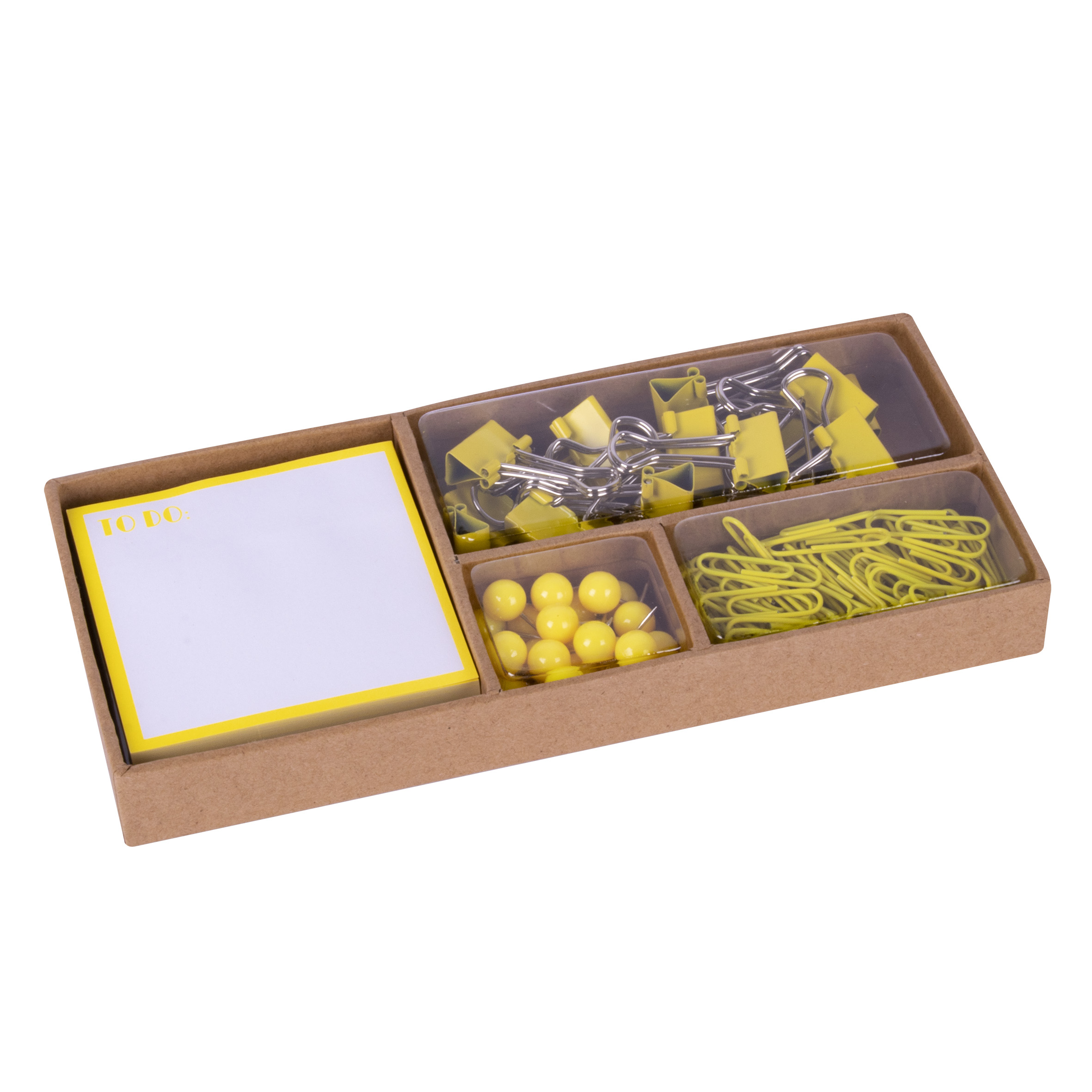 Apli Fluor Collection Office Set - 25 Pins, 80 Clips 28mm, 20 Clips 19mm et Notes Adhésives avec 100 Feuilles en Jaune Fluor - Design Moderne et Remarquable - Produit Repositionnable pour Présentoir 17684