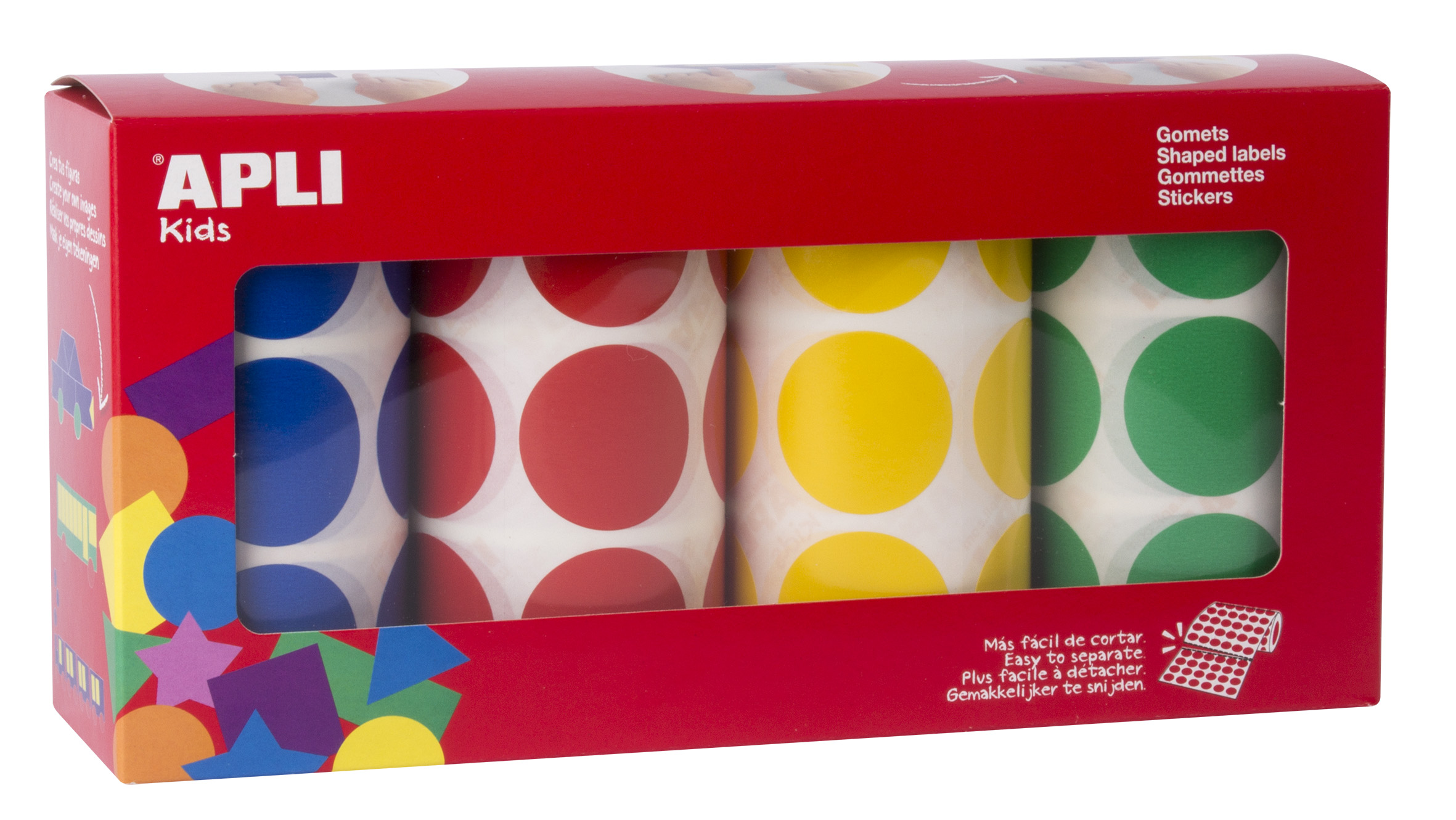 Apli Gomets Ronds Ø 33mm - Pack de 4 Rouleaux avec 2832 Gomets - Adhésif Permanent - Idéal pour le Développement des Compétences en Maternelle