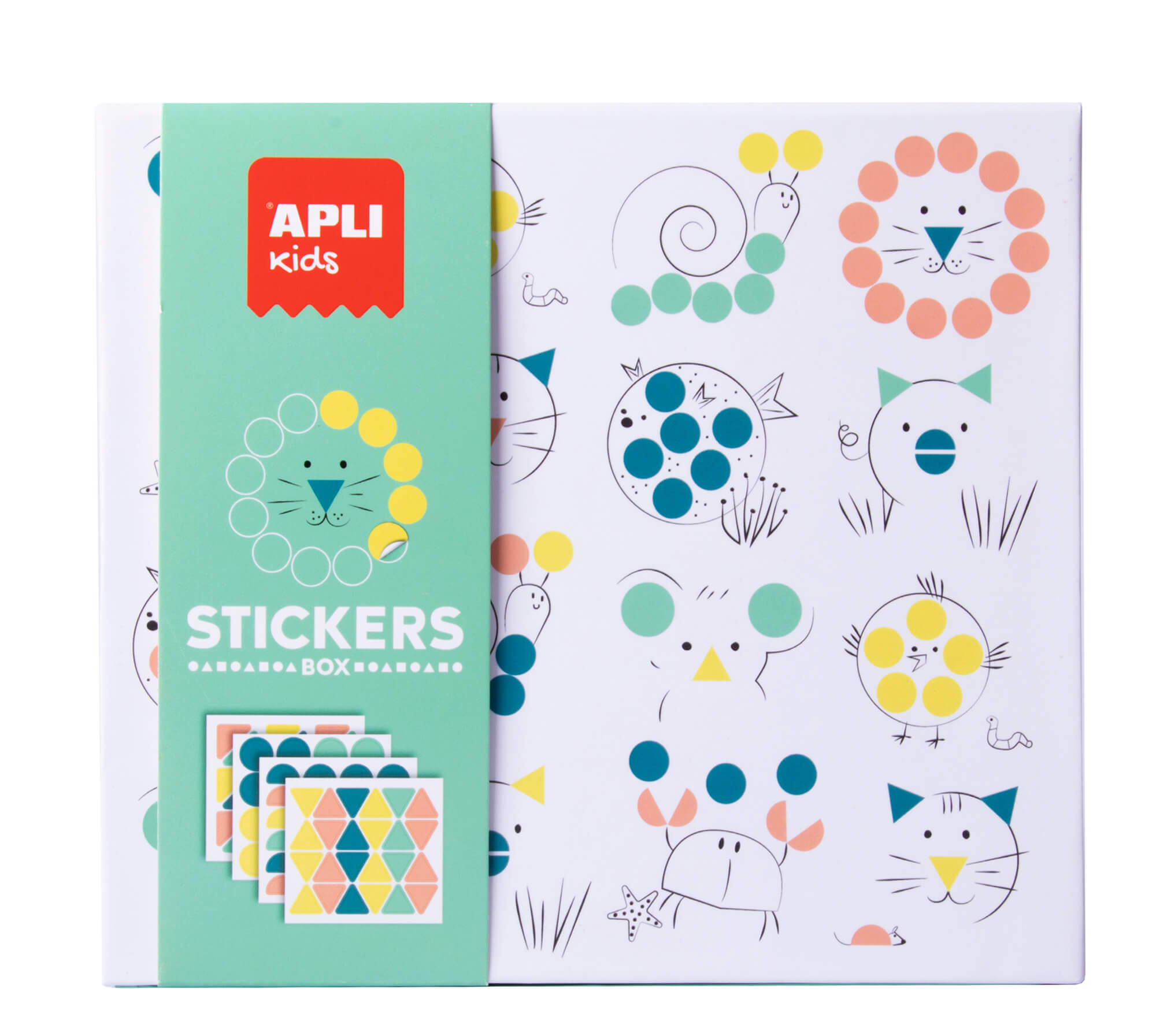 Apli Kids Jeu d'Autocollants Animaux - 8 Feuilles Illustrées de 200G - 8 Feuilles d'Autocollants Géométriques Amovibles - Guide avec Exemples - Haute Valeur Pédagogique - Boîte Carton au Design Exclusif