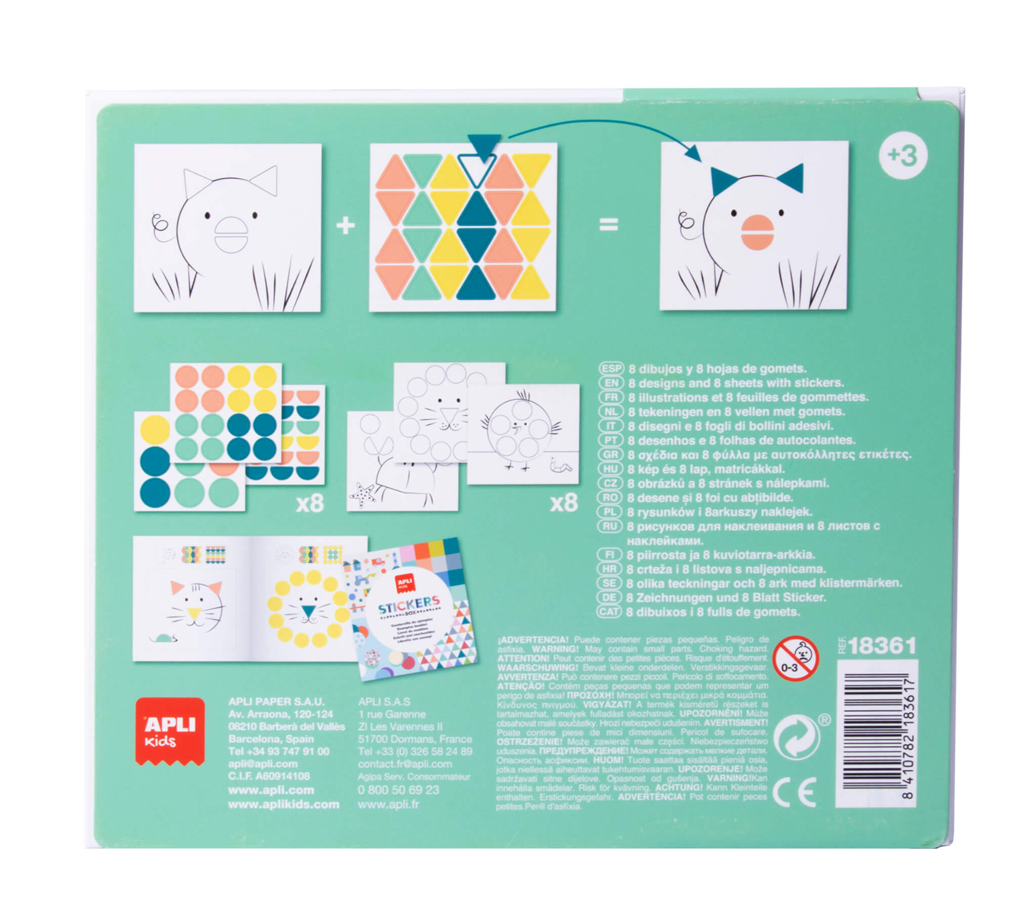 Apli Kids Jeu d'Autocollants Animaux - 8 Feuilles Illustrées de 200G - 8 Feuilles d'Autocollants Géométriques Amovibles - Guide avec Exemples - Haute Valeur Pédagogique - Boîte Carton au Design Exclusif