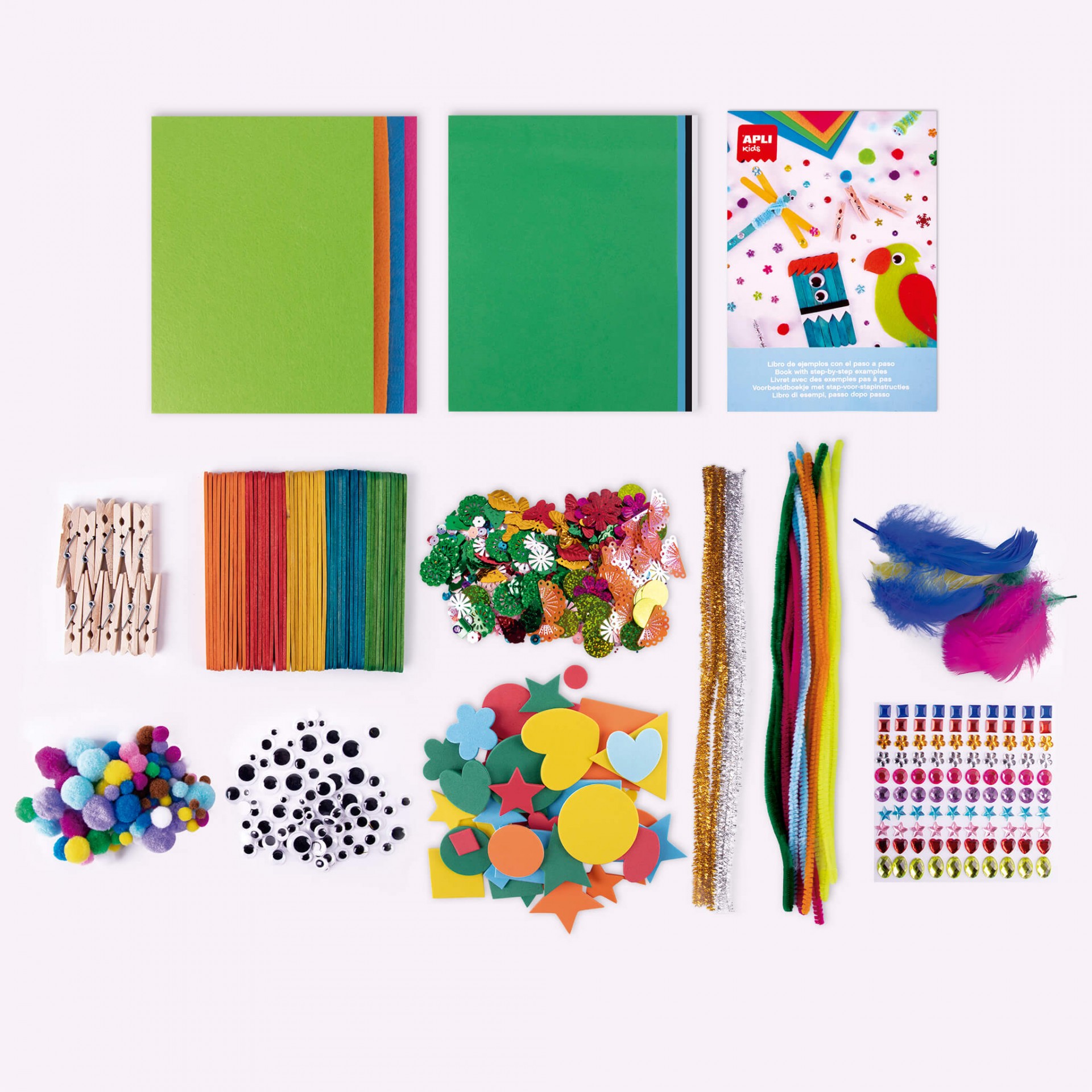 Apli Kids Pack d'artisanat avec pompons, formes EVA, pierres fantaisie adhésives, paillettes, bâtons en bois, yeux mobiles, plumes, cure-pipes, pinces en bois, feuilles EVA, feuilles de feutre