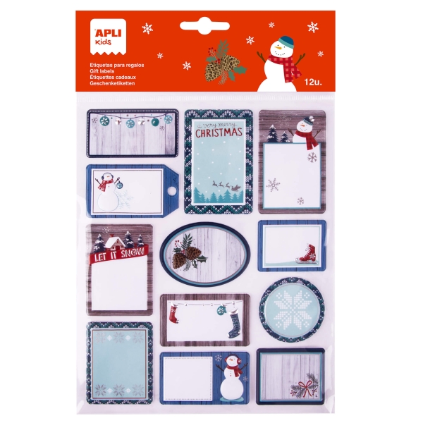 Apli Pack de 12 étiquettes adhésives de Noël pour cadeaux - Tailles et designs assortis - Espace pour écrire