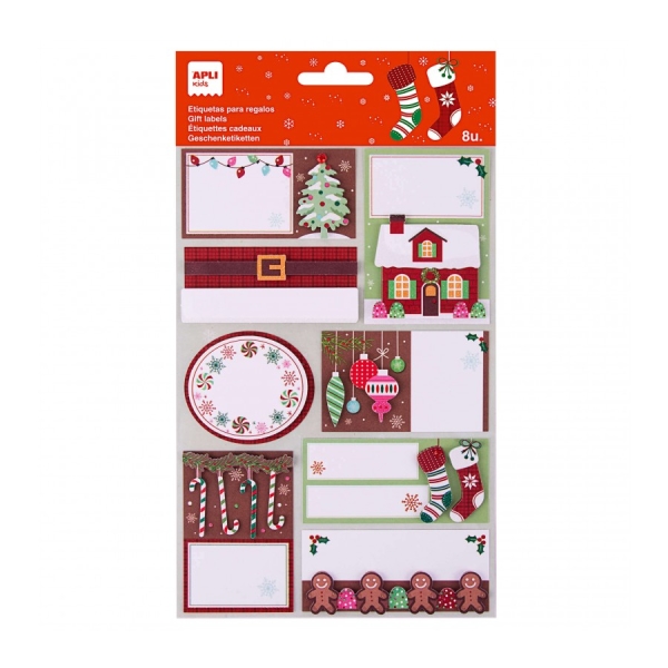 Apli Pack de 8 étiquettes adhésives de Noël pour cadeaux - Tailles et designs assortis - Espace pour écrire