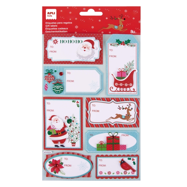 Apli Pack de 8 étiquettes adhésives de Noël pour cadeaux - Tailles et designs assortis - Espace pour écrire