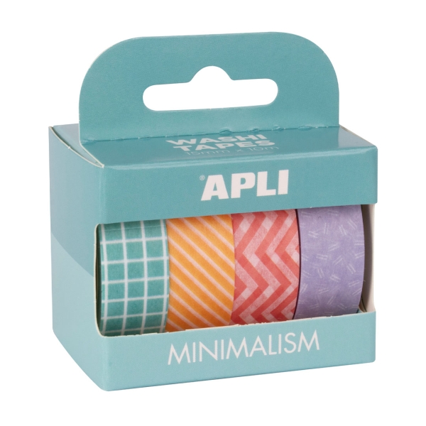 Apli Pack Minimalisme avec 4 Rubans Adhésifs en Papier Washi 15mmx10m - 4 Designs Différents - Décoration et Artisanat