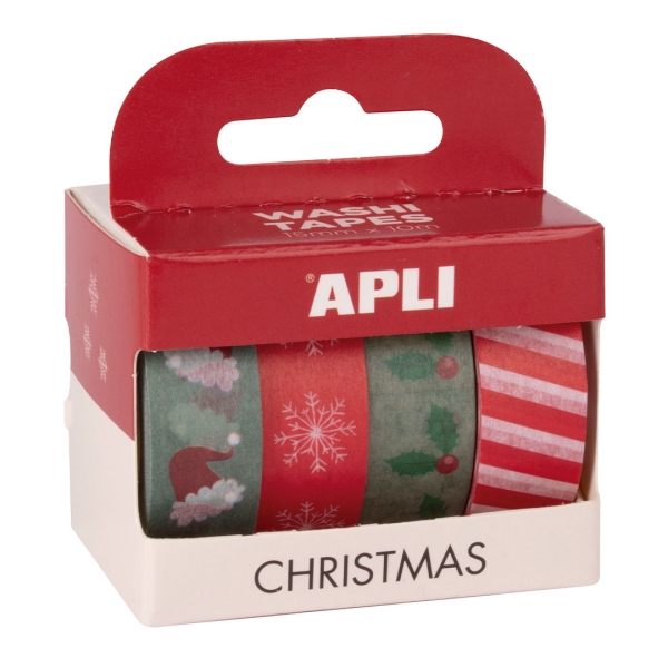 Apli Pack Noël avec 4 Rubans Adhésifs en Papier Washi 15mmx10m - Thème Noël - 4 Designs Différents - Décoration et Artisanat