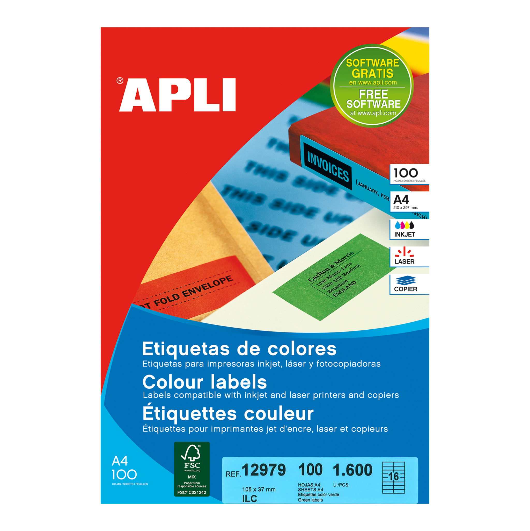 Apli Permanent Green Labels 105,0 x 37,0 mm 100 Feuilles