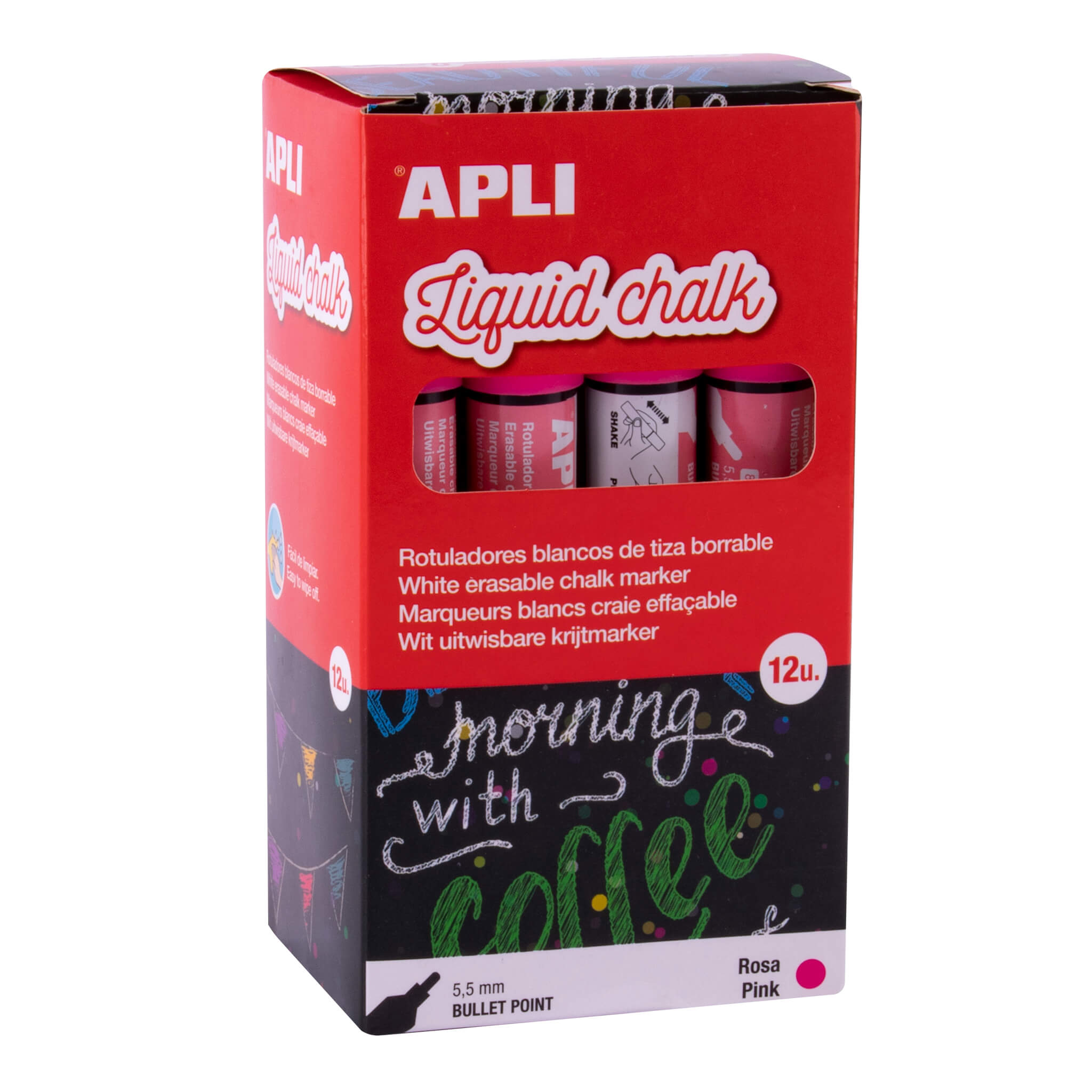 Apli Pink Marqueur à craie liquide - Pointe ronde - Idéal pour les tableaux noirs, le plastique, les fenêtres, la céramique, le vinyle, le métal, etc. - Facile à effacer - Séchage rapide - Utilisation simple - À base d'eau non toxique