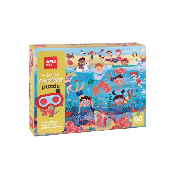 Apli Secret Beach Puzzle - Design coloré pour enfants - Pièces résistantes et sûres - Comprend des lunettes magiques et une véritable affiche - Améliore les compétences et l'estime de soi