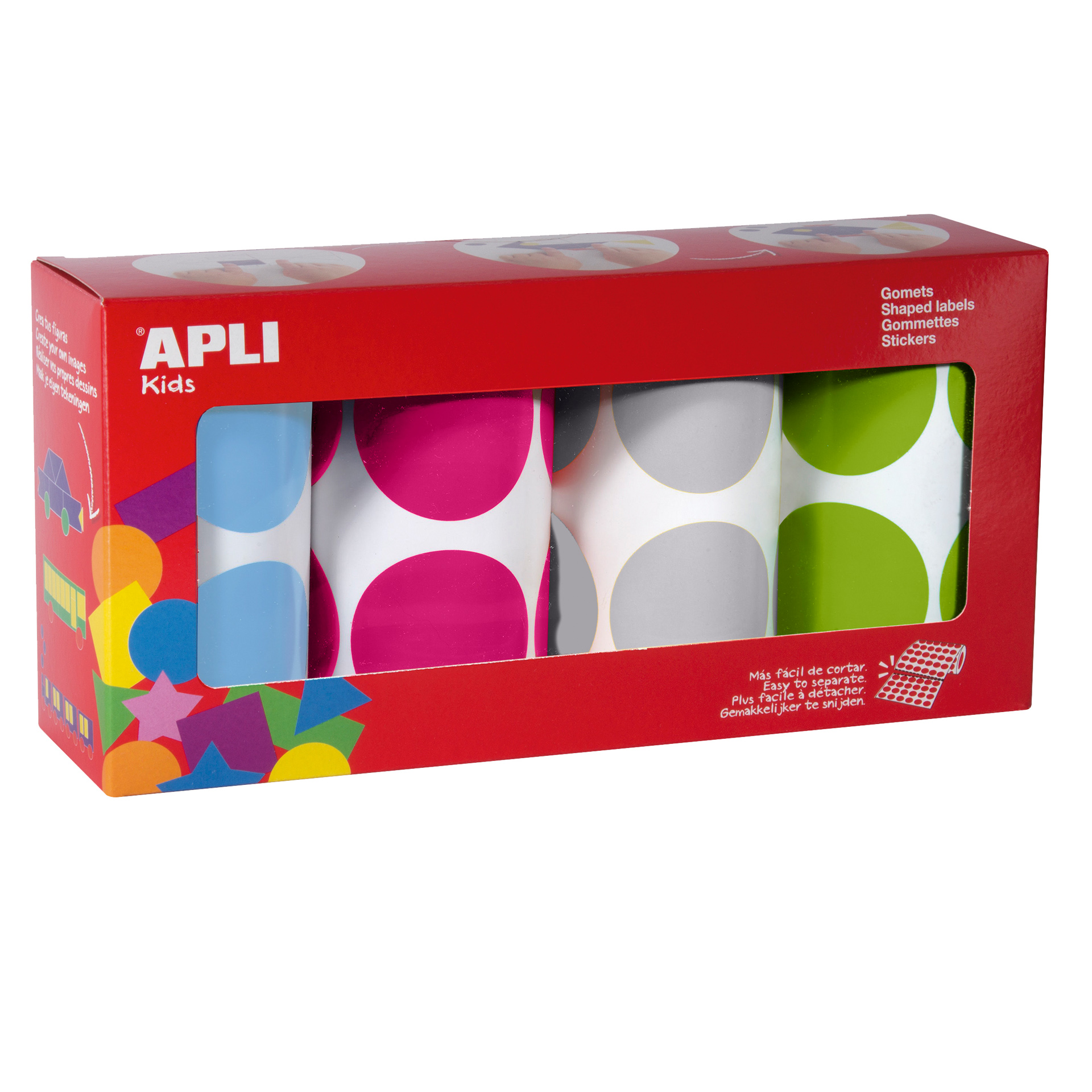 Apli Stickers Ronds Ø 45mm - Pack de 4 Rouleaux de Couleurs Assorties - Adhésif Permanent - 1416 Stickers par Pack - Développement des Compétences du Jeune Enfant