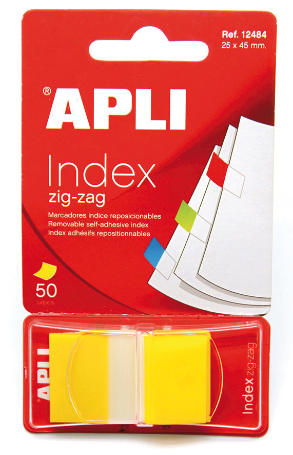 Apli Zigzag Film Indexes Adhésives 45x25mm Distributeur de 50 - Adhésif Amovible - Zigzag pour Identification Facile - Jaune