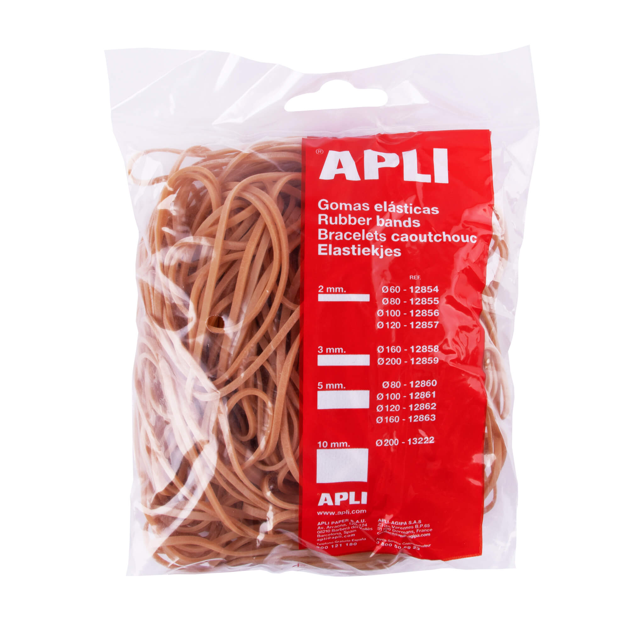 Bandes Élastiques Apli Ø 140 x2mm - Sachet avec Zip et Eurohole - Contenu 100g - 70% Caoutchouc Naturel - Grande Élasticité et Excellente Résistance