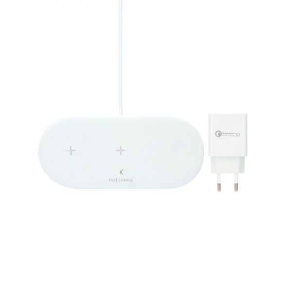 Base de Chargement sans Fil Ksix 2en1 15W - Chargement Rapide - Technologie Qi - Compatible avec Téléphones Mobiles, Écouteurs sans Fil et/ou Smartwacth - Couleur Blanc