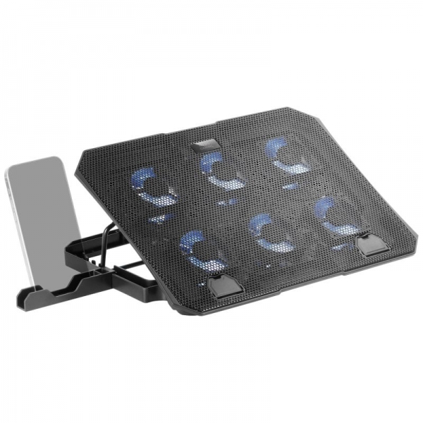 Base de Refroidissement Mars Gaming MNBC23 - 6 Ventilateurs LED Bleues - Support Ajustable - Structure Résistante - Support Smartphone Intégré - Coloris Noir