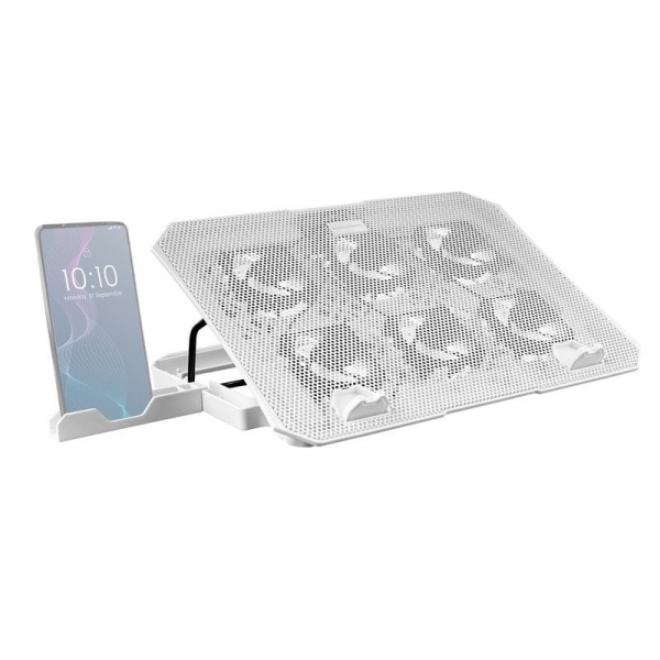 Base de Refroidissement Mars Gaming MNBC23 - 6 Ventilateurs LED Bleues - Support Ajustable - Structure Robuste - Support Smartphone - 2 Ports USB 2.0 - Couleur Blanc