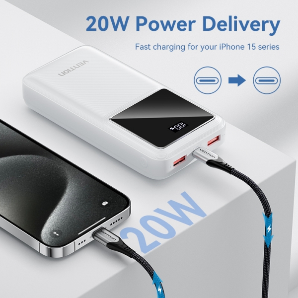 Batterie Vention Powerbank 20000mAh 22,5W USB (C+A+A) avec écran LED - Couleur blanche