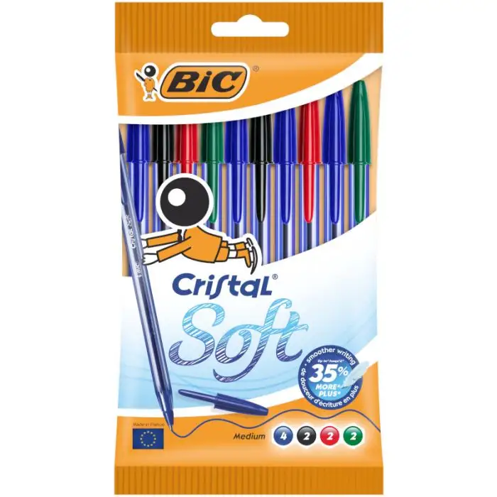 Bic Cristal Soft Lot de 10 Stylos Bille - Pointe Moyenne 1,2 mm - Course 0,45 mm - Écriture Fluide - Couleurs Assorties