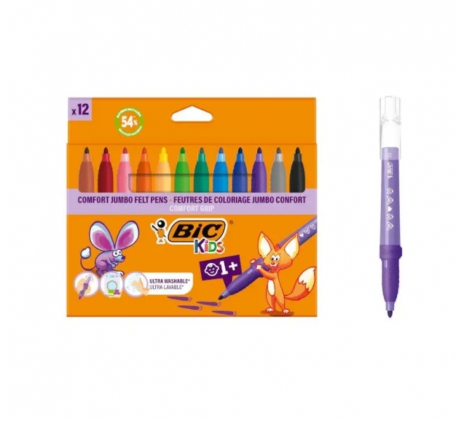 BIC Kids Comfort Jumbo Pack de 12 Feutres à Encre Lavable - Facile à Nettoyer - Prise Antidérapante - Couleurs Assorties