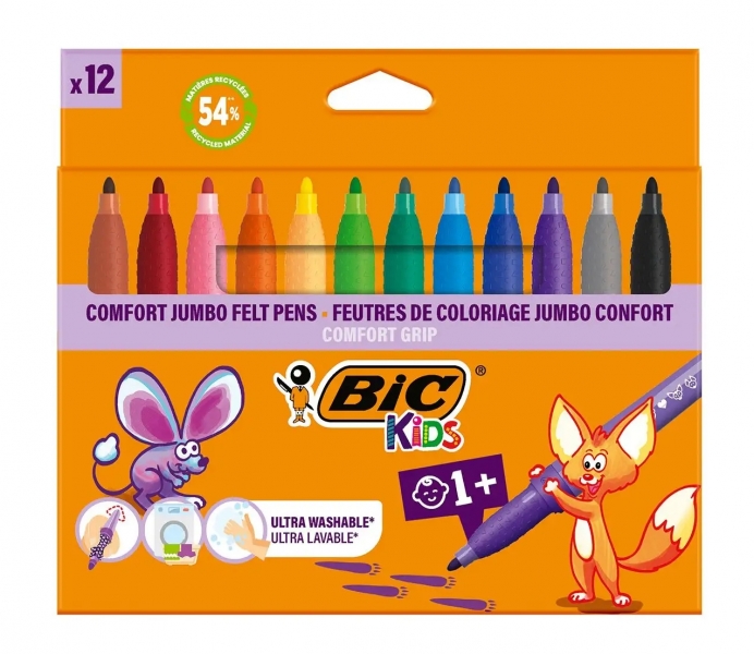 BIC Kids Comfort Jumbo Pack de 12 Feutres à Encre Lavable - Facile à Nettoyer - Prise Antidérapante - Couleurs Assorties