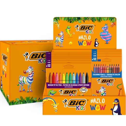 Bic Kids Présentoir de 12 Paquets de 12 Feutres Couleur + 12 Paquets de 12 Crayons de Couleur Evolution Stripes - Couleurs Assorties