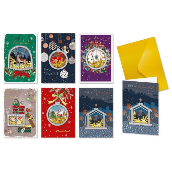 Bismark Lot de 24 cartes de vœux de Noël avec enveloppe dorée – Format carte 11,5 x 17 cm – Motifs assortis avec film et confettis