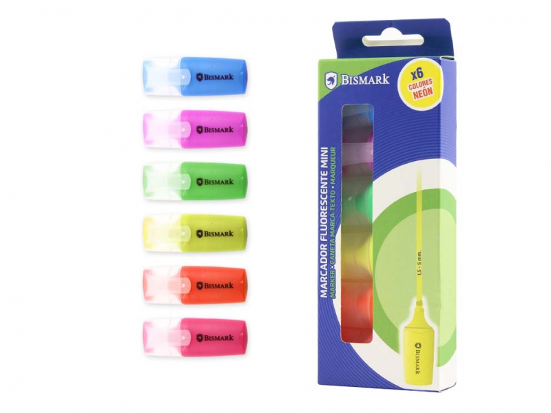 Bismark Pack de 6 Mini Marqueurs Fluorescents Néon - Haute Visibilité - Encre à Séchage Rapide - Pointe Résistante - Idéal pour Souligner et Surligner - Couleurs Assorties