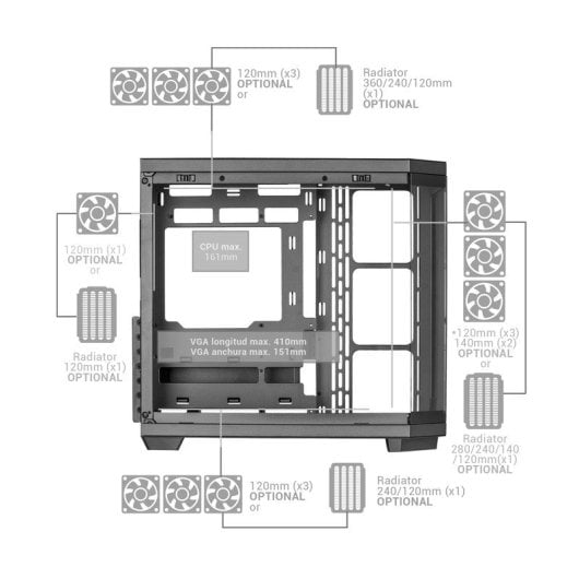 Boîtier de jeu Mars Gaming CUSTOM MC-3TCORE - Triple verre trempé - Support 10 ventilateurs - Cartes mères à connecteur inversé - USB-C et filtres anti-poussière magnétiques - Couleur noire