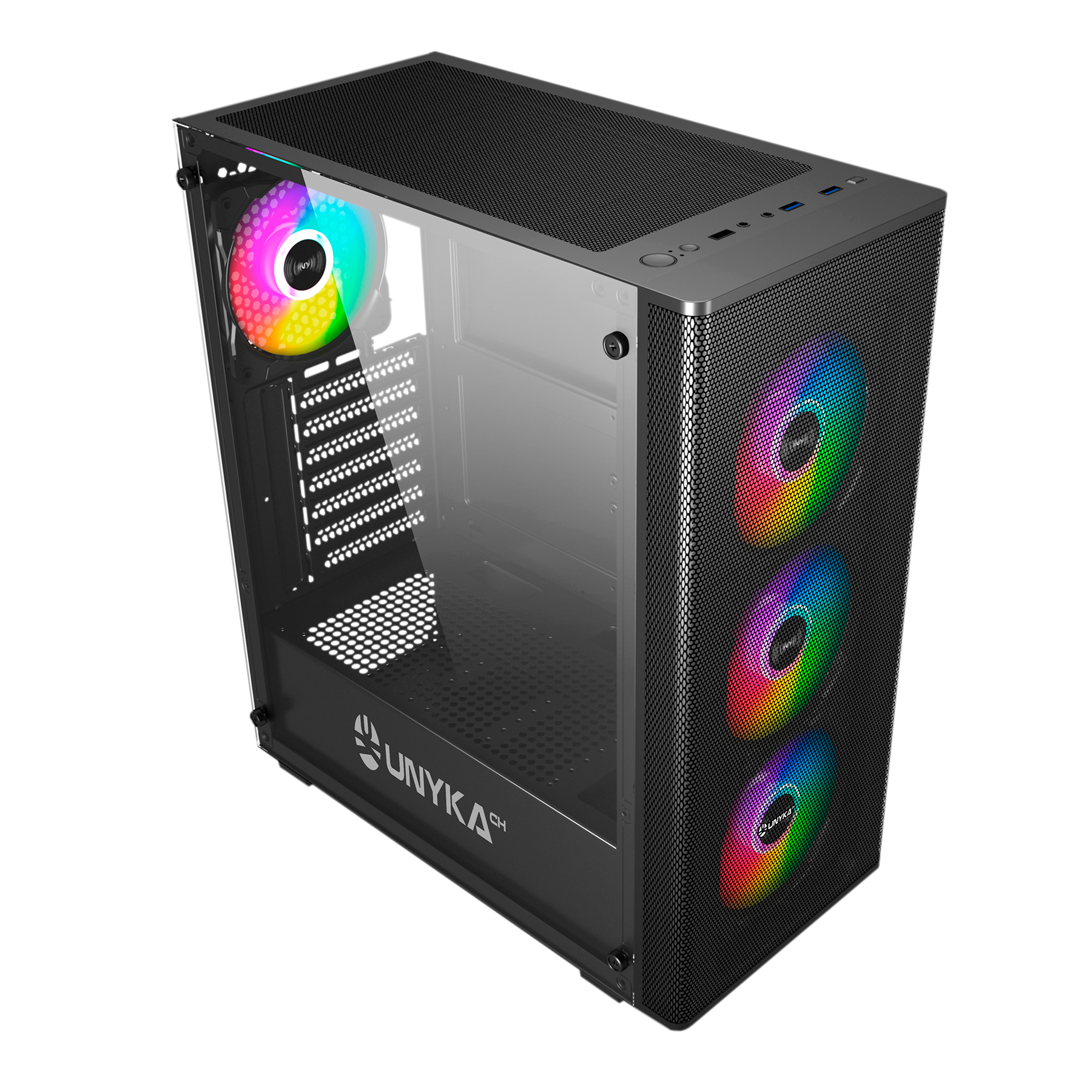 Boîtier de jeu Unykach MIR 100 ATX, Micro ATX, ITX - Côté en verre trempé - USB-A 2.0, 3.0 et audio - 4 ventilateurs ARGB de 120 mm installés - Prend en charge le refroidissement liquide