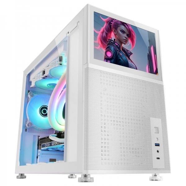 Boîtier PC Gaming Mars Gaming MC-LCD - Écran LCD IPS 8" - Support refroidissement liquide - Connectivité USB-C et USB 3.0 - Grand espace d'extension - Couleur blanche