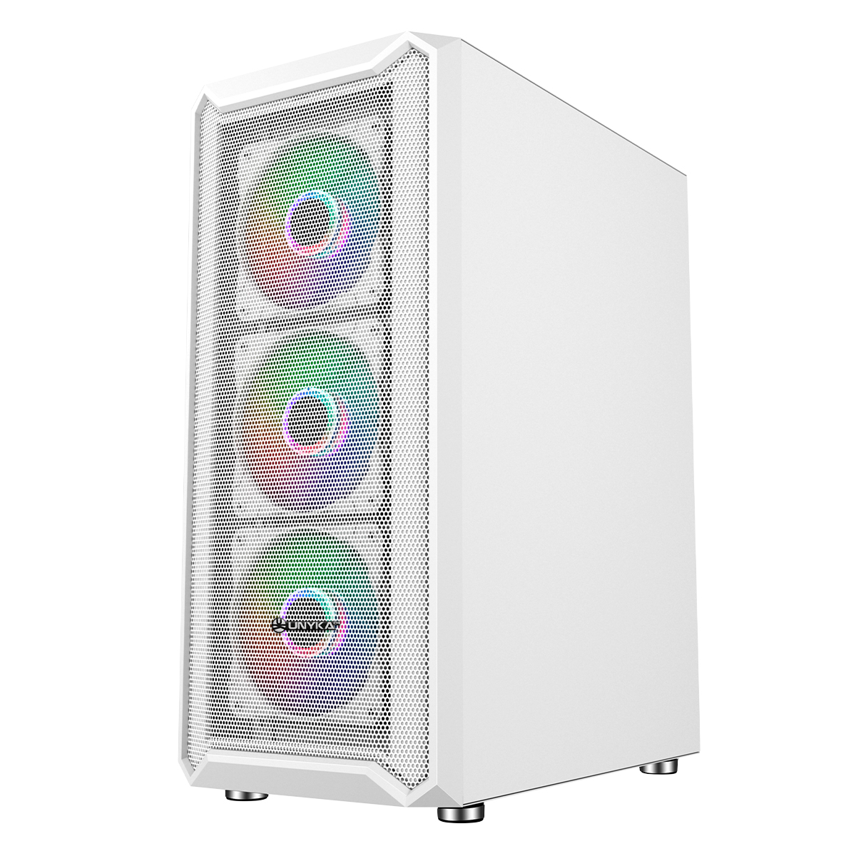 Boîtier Unykach Armor 3Gen White ATX, Micro ATX, ITX - Côté en verre trempé - USB-A 3.0, USB-C et audio - 4 ventilateurs ARGB de 120 mm installés - Prend en charge le refroidissement liquide