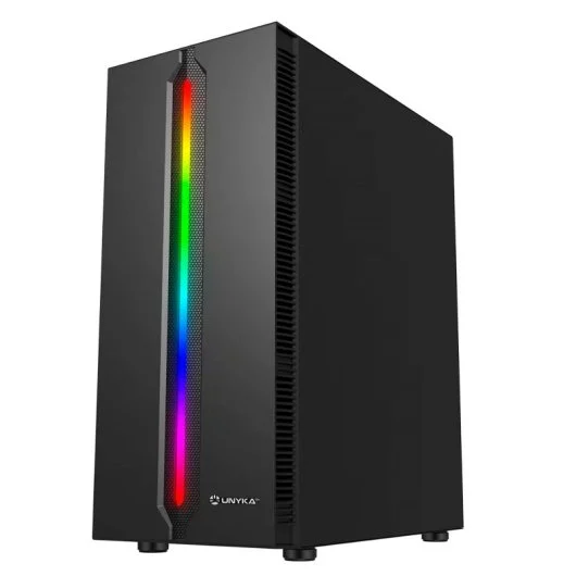 Boîtier Unykach Armor Lumina Black ATX, Micro ATX, Mini ITX - Côté en verre trempé - Éclairage ARGB - 3,5" et 2,5" - USB-A 2.0, 3.0 et Audio - 1 ventilateurs ARGB de 120 mm installés - Supporte le refroidissement liquide