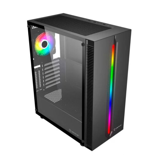 Boîtier Unykach Armor Lumina Black ATX, Micro ATX, Mini ITX - Côté en verre trempé - Éclairage ARGB - 3,5" et 2,5" - USB-A 2.0, 3.0 et Audio - 1 ventilateurs ARGB de 120 mm installés - Supporte le refroidissement liquide