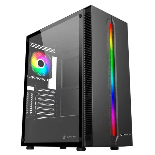 Boîtier Unykach Armor Lumina Black ATX, Micro ATX, Mini ITX - Côté en verre trempé - Éclairage ARGB - 3,5" et 2,5" - USB-A 2.0, 3.0 et Audio - 1 ventilateurs ARGB de 120 mm installés - Supporte le refroidissement liquide