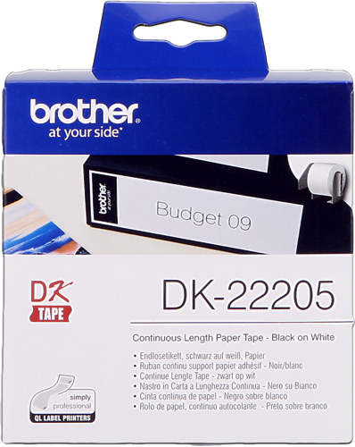 ✓ Brother Rouleau de papier continu DK-22205 Noir sur blanc, 62 mm de large  couleur Noir/blanc en stock - 123CONSOMMABLES