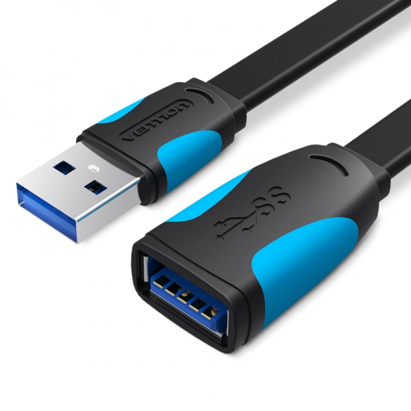 Câble d'extension plat USB 3.0 mâle vers USB femelle Vention - 0,5 m - Couleur noir et bleu