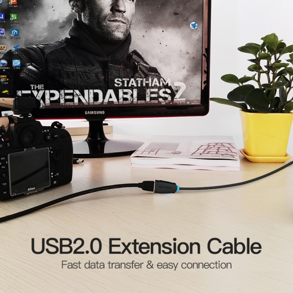 Câble d'extension USB 2.0 Vention - Contacts dorés - Transmission 0,48 Gbit/s - Isolation PVC - Couleur noire