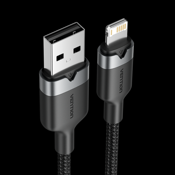 Câble de Charge USB-A/Lightning Vention - Aluminium et Coton Tressé - 480Mbps - 2,4A - 2m - Couleur Noir