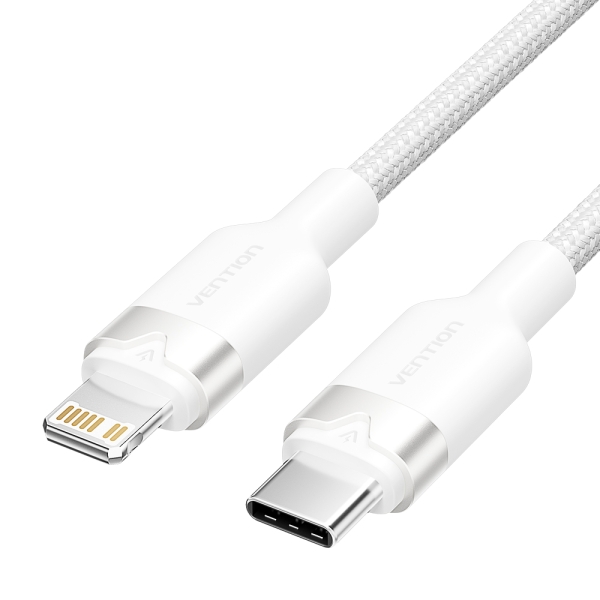 Câble de Charge USB-C/Lightning Vention - Aluminium Tressé - 480Mbps - 3A - 27W Max - 2m - Couleur Blanc