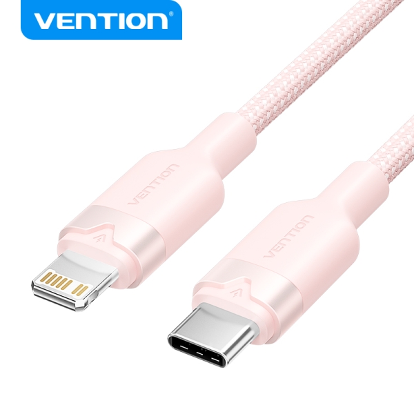 Câble de Charge USB-C/Lightning Vention - Aluminium Tressé - 480Mbps - 3A - 27W Max - 2m - Couleur Rose