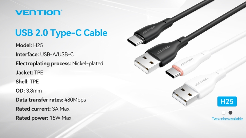 Câble de Charge Vention Interface USB-A/USB-C - Vitesse 480Mbps - Alimentation 3A - Puissance 15W - Couleur Noir