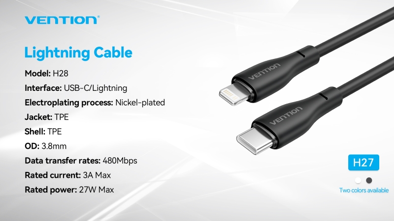 Câble de Charge Vention USB-C/Lightning - TPE Durable - Transfert 480Mbps - Alimentation 3A - Puissance 27W - Couleur Noir