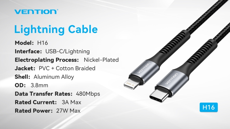 Câble de Chargement Lightning/USB-C Vention - Vitesse 480Mbps - Matériau Aluminium/PVC - Puissance 60W - Couleur Noir