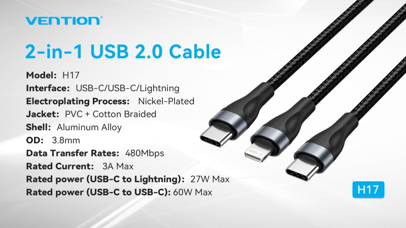 Câble de chargement USB-C vers USB-C et Lightning Vention - 480Mbps - Aluminium/PVC - 3A/27W/60W - Noir